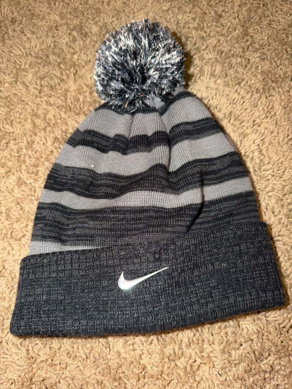 Nike Youth Knit Striped Pom Beanie Hat Grey/Black